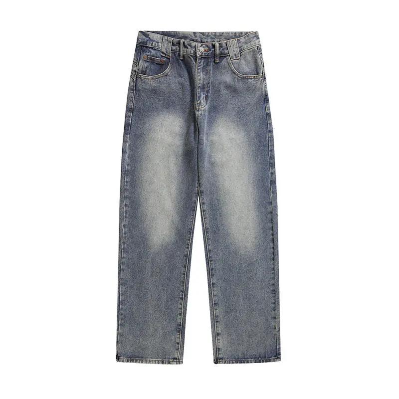 Jeans blue-washed straight-leg mid-waist denim pants