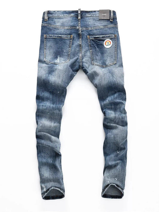 Men's Distressed Slim-Fit Jeans in blue denim with faded wash and back pockets