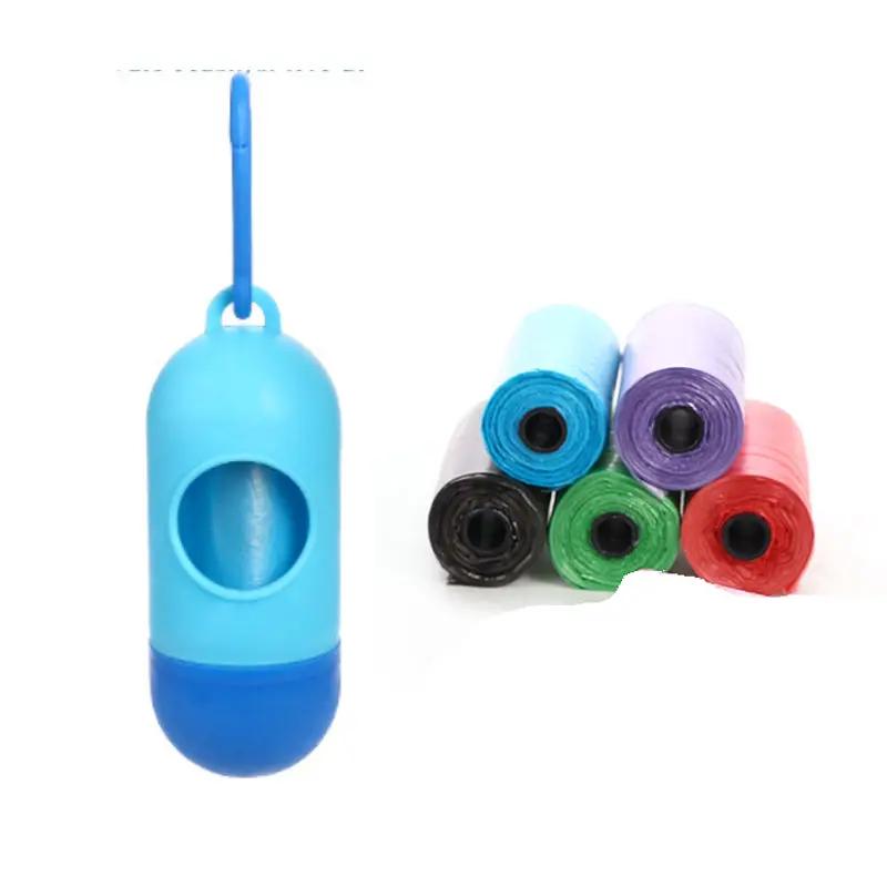 Dog poop bag dispenser, blue, with six colored bag rolls