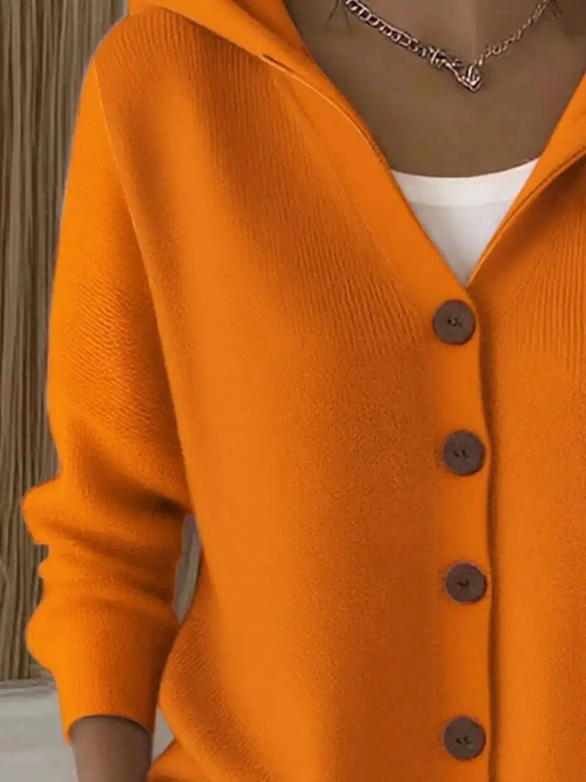 Plus Size Hooded Button-Front Soft Knit Cardigan for Women in bright orange