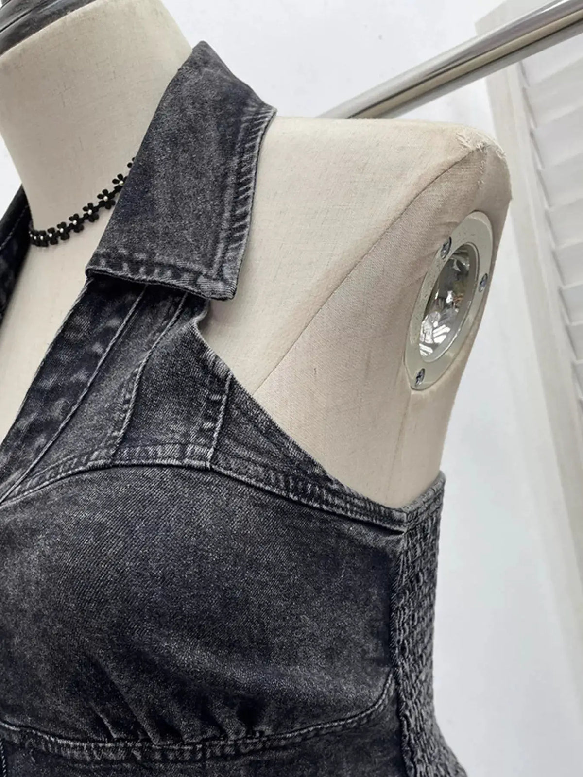 Premium Textured Smocked Denim Halter Top in dark denim with a soft spandex blend
