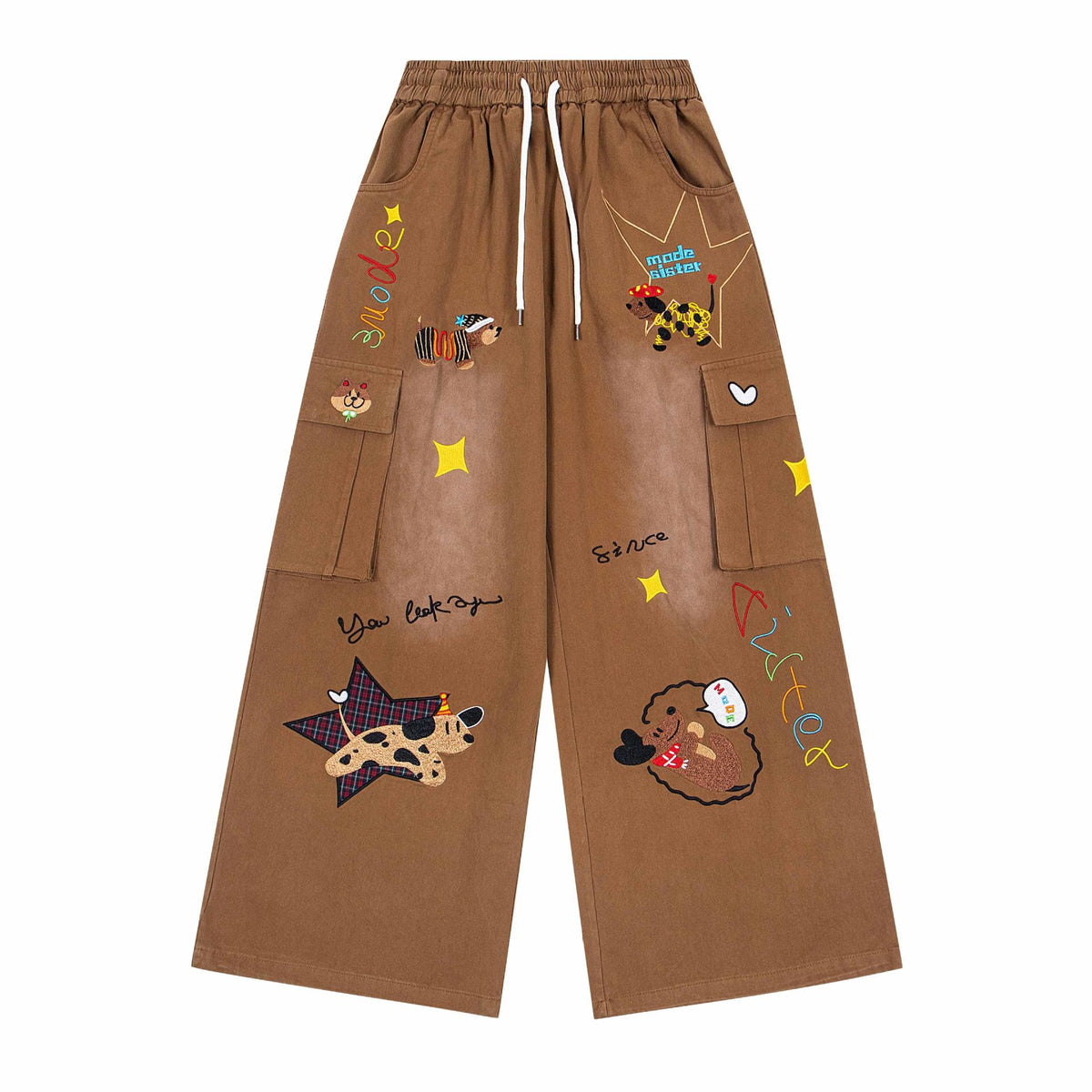 Star Puppy patchwork embroidered cargo shorts in brown with multiple pockets, colorful dog/star patches, by eprolo