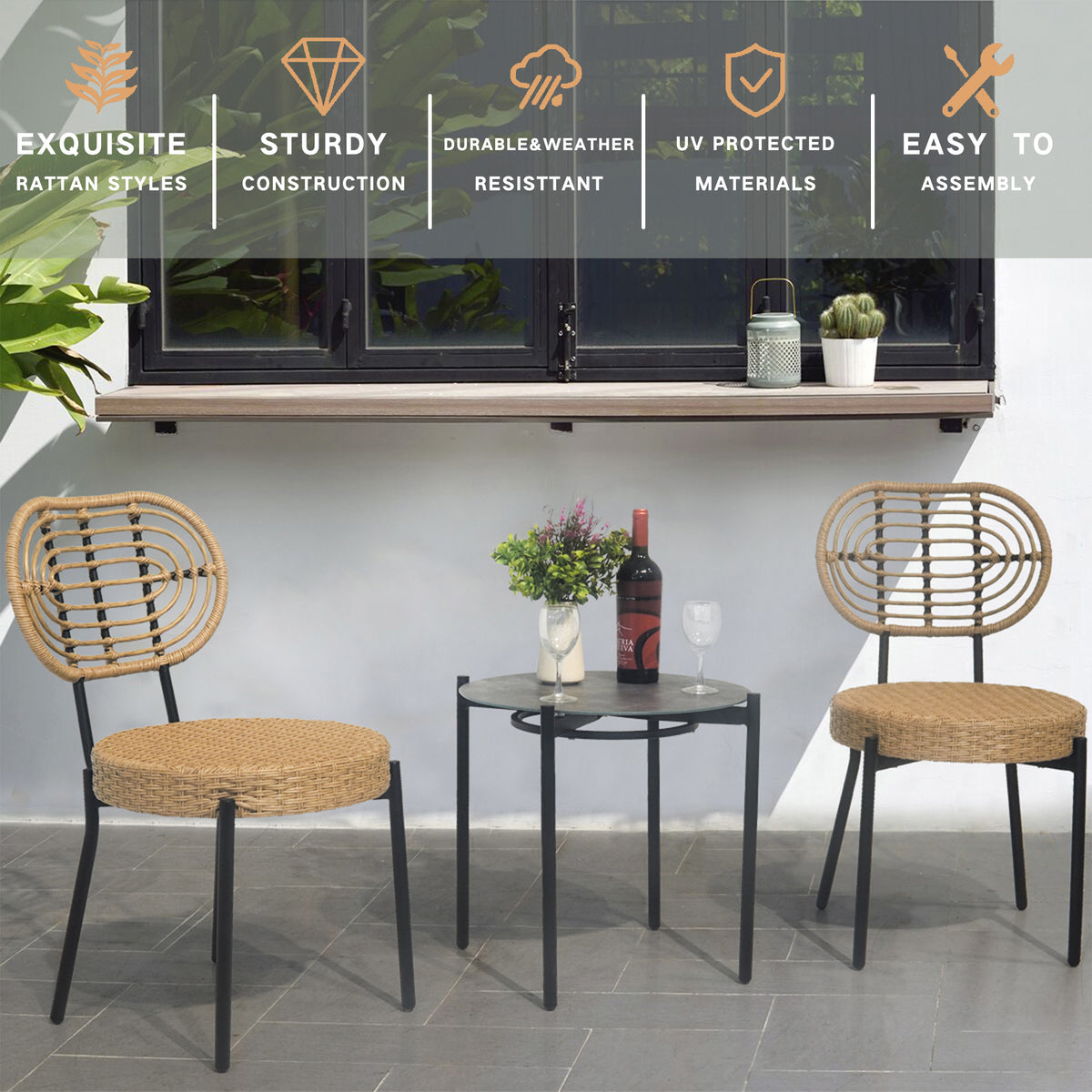 3-piece outdoor wicker bistro set with round table and two woven chairs in natural beige