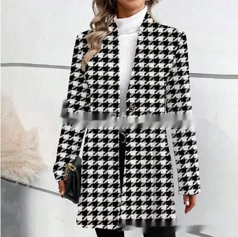 AdTec printed stand-collar mid-length trench coat in black and white houndstooth, long sleeves.