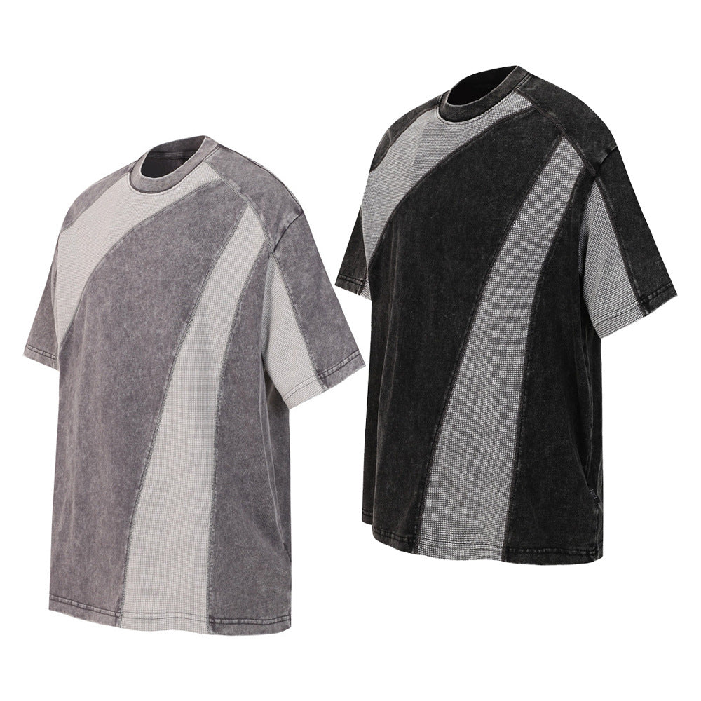 Make vintage washed short sleeve T-shirts by eprolo, two gray and black patchwork tees.