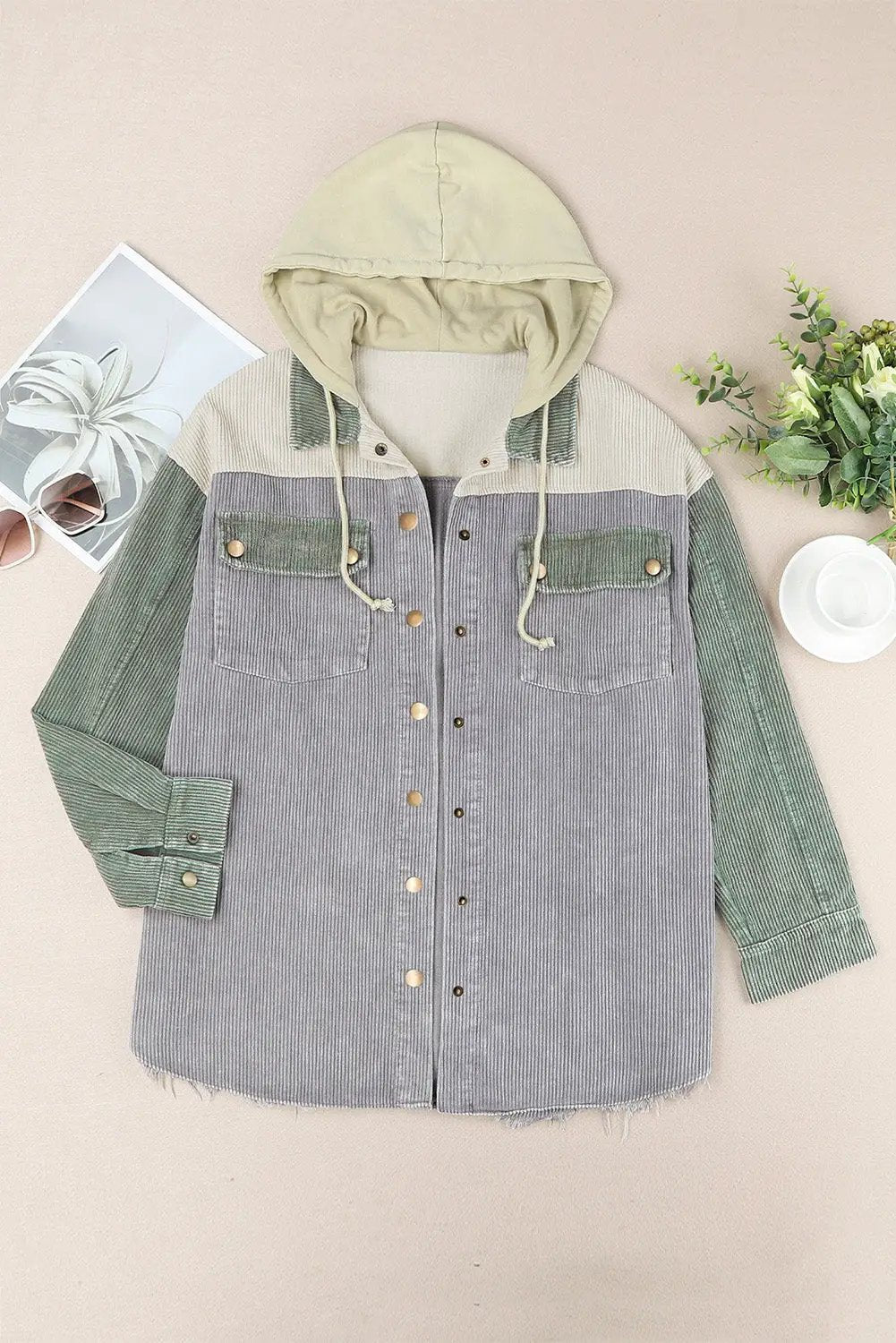 Snap Front Hooded Corduroy Shacket by Trendsi in color-block gray body, sage green sleeves, and beige hood