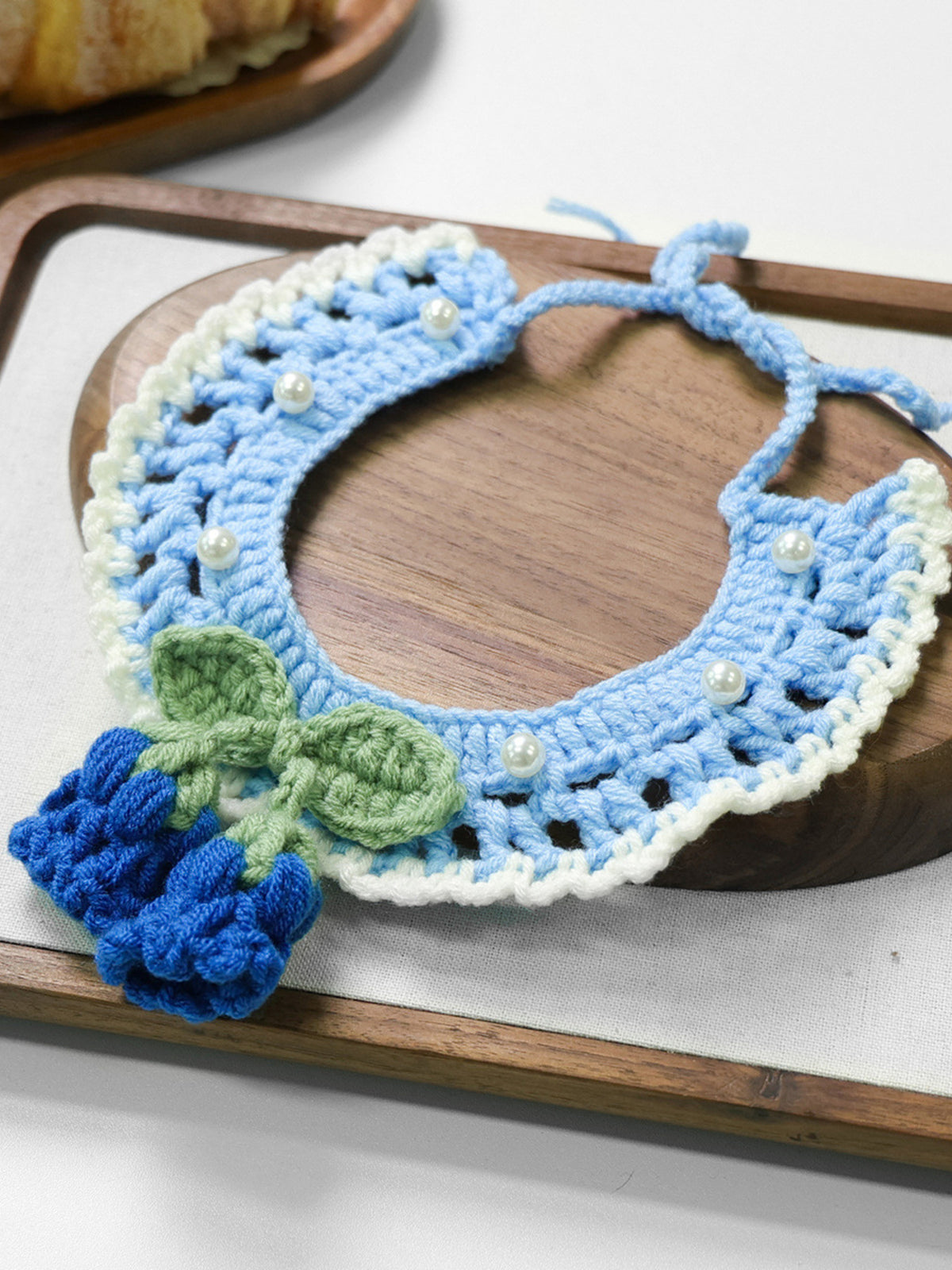 Contrast Pet Scarf by Trendsi, crocheted blue and white collar with pearl beads and tassels