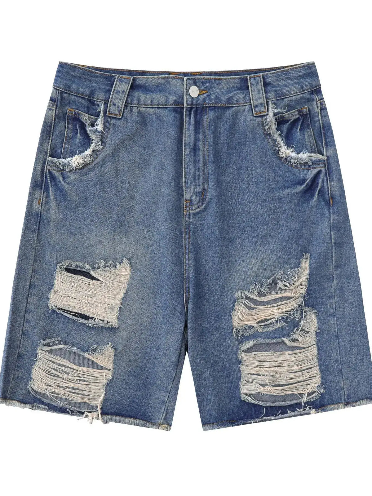 Mens oversized distressed denim shorts with stretch cotton pockets and ripped patches, blue mid-wash by Trendsi.