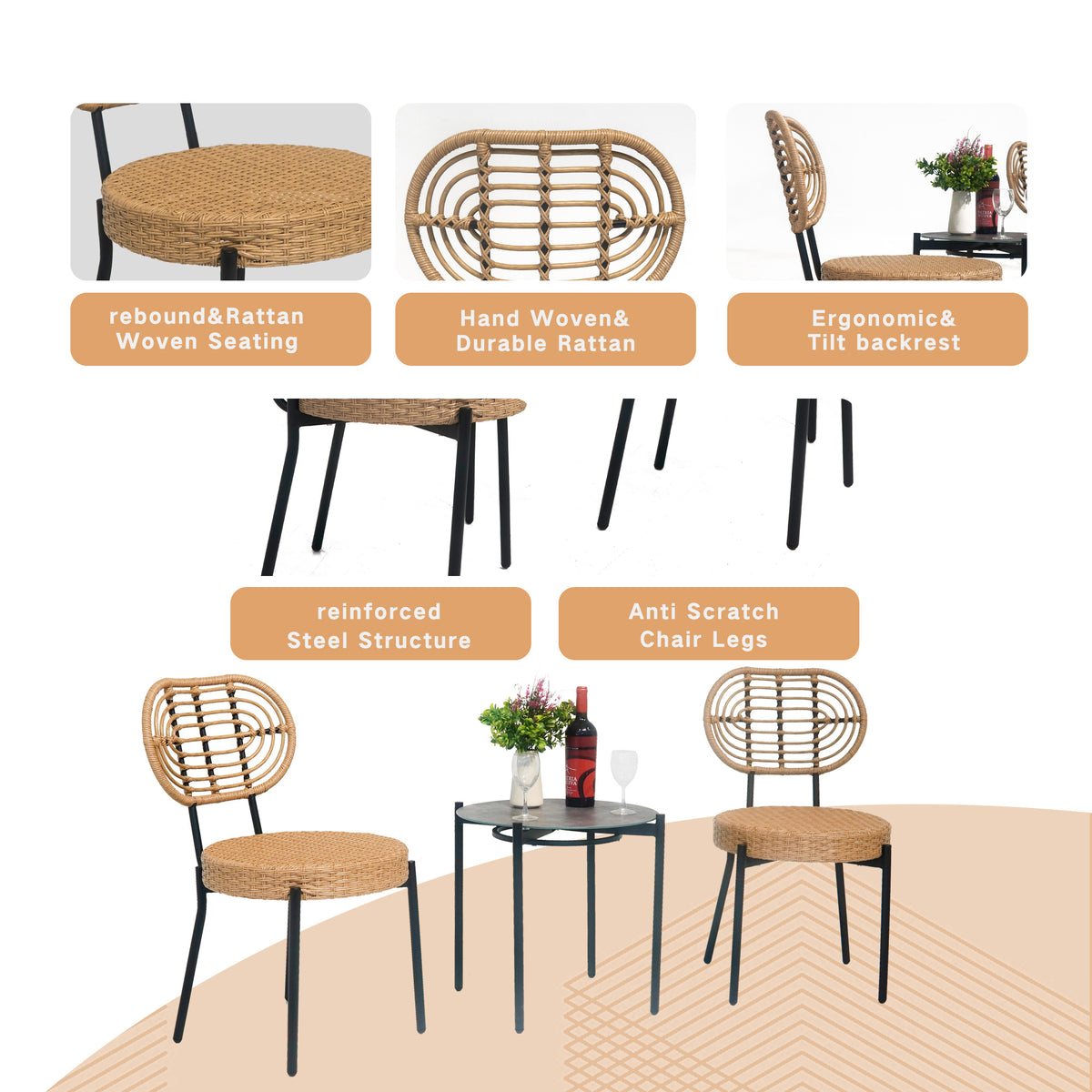 3-piece outdoor wicker furniture set with a bistro-style table and two natural rattan chairs, black metal legs
