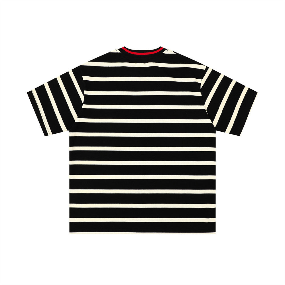 Striped round-neck short-sleeve T-shirt by eprolo, black with white stripes, street fashion