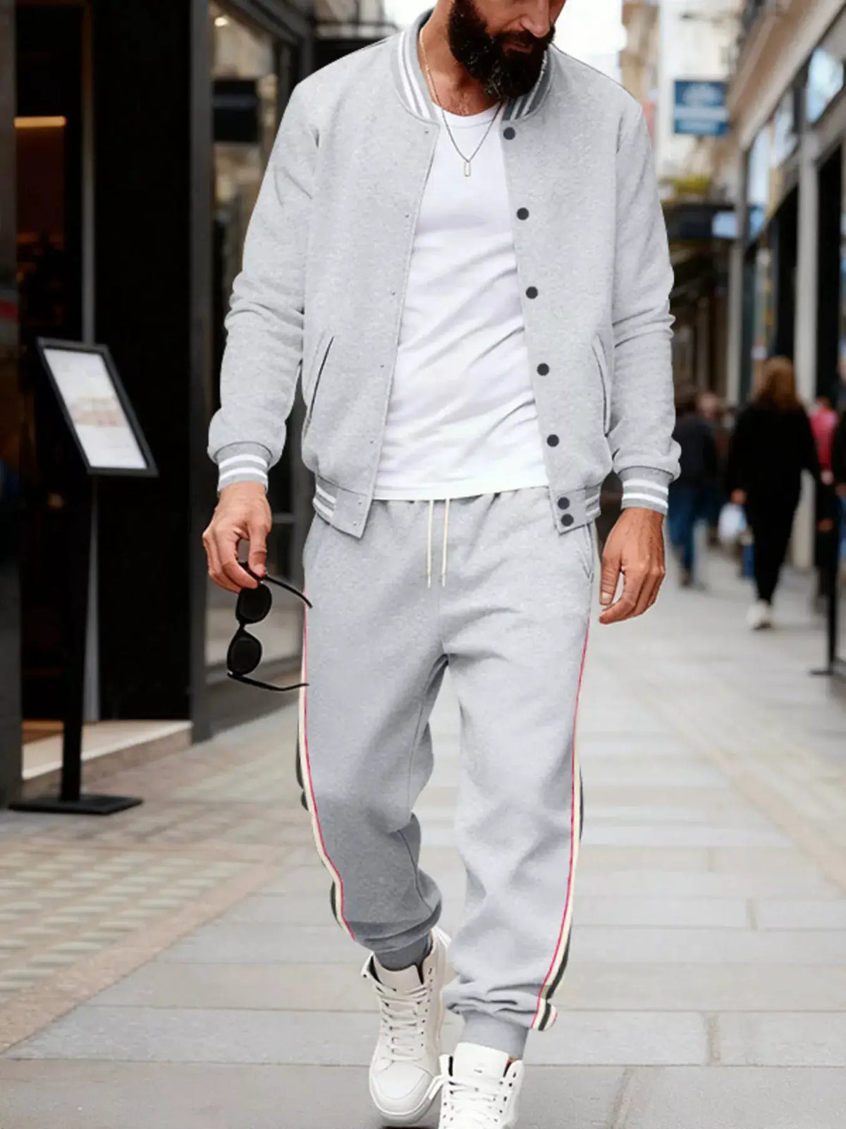Men's gray striped loungewear set with snap-front jacket, drawstring waist and pockets by Trendsi