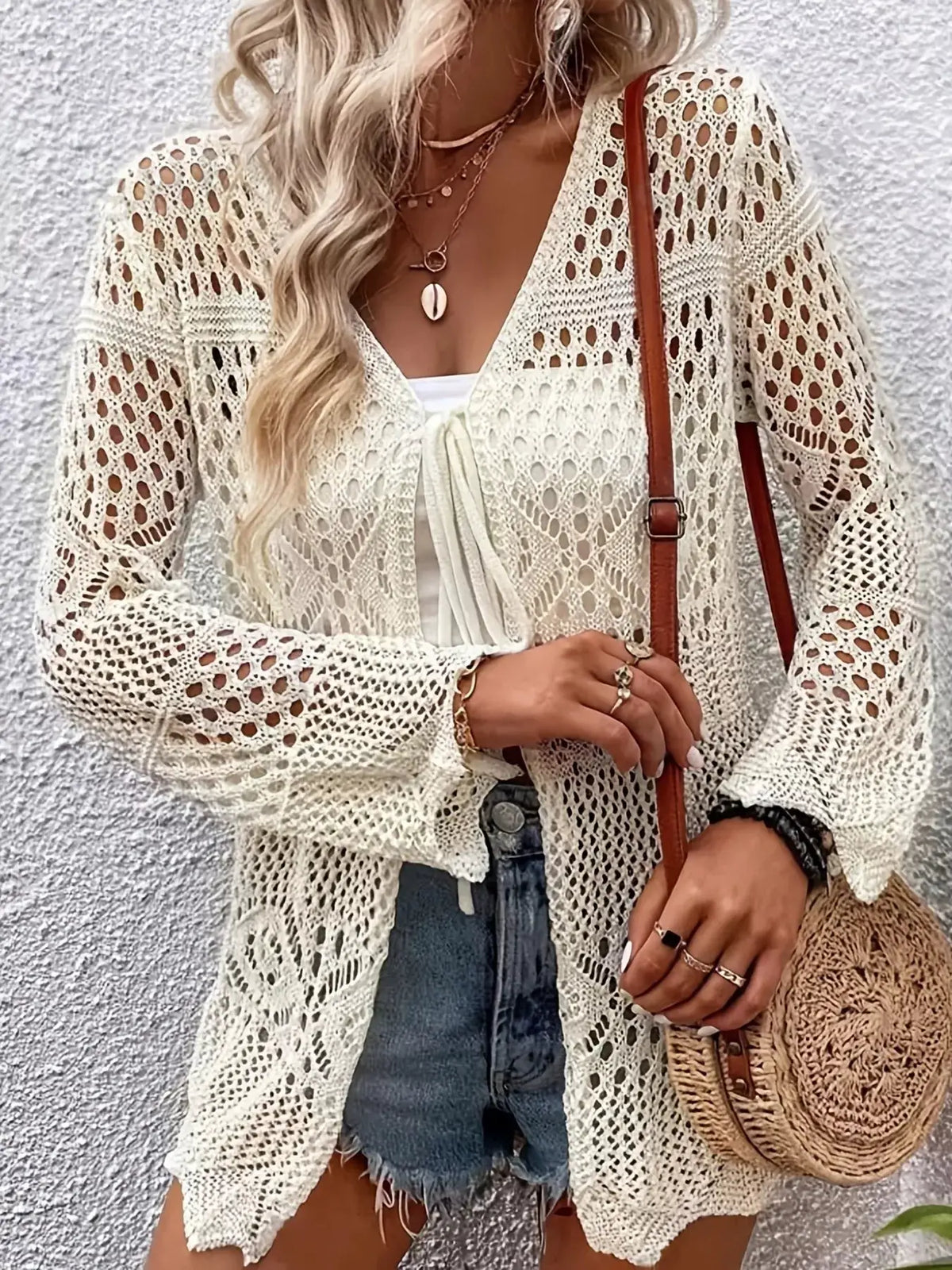 Ivory lightweight crochet tie-front cardigan, breathable knit with long sleeves