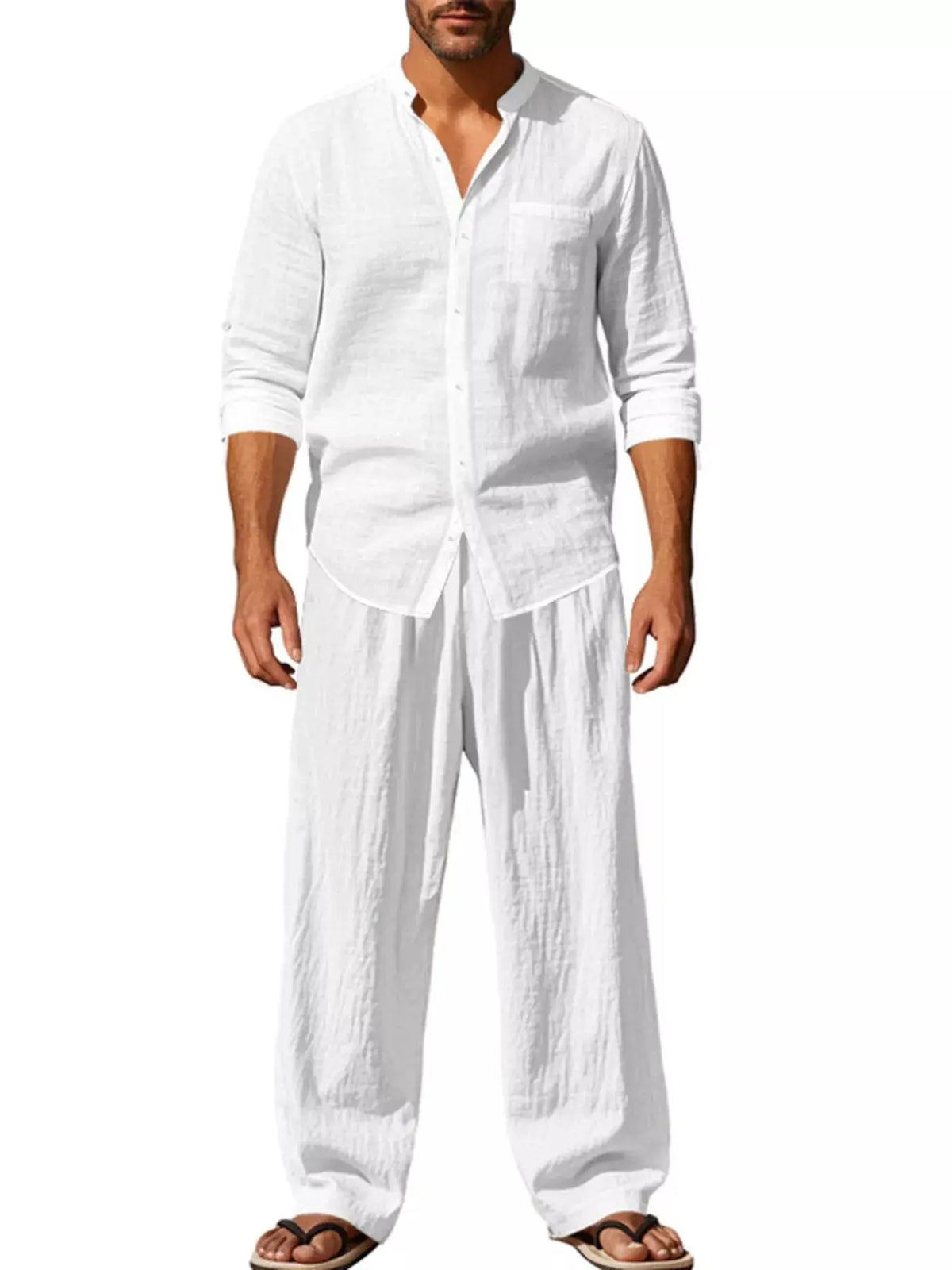 Men's 2-piece linen-blend button-front shirt and pants set by Trendsi, white