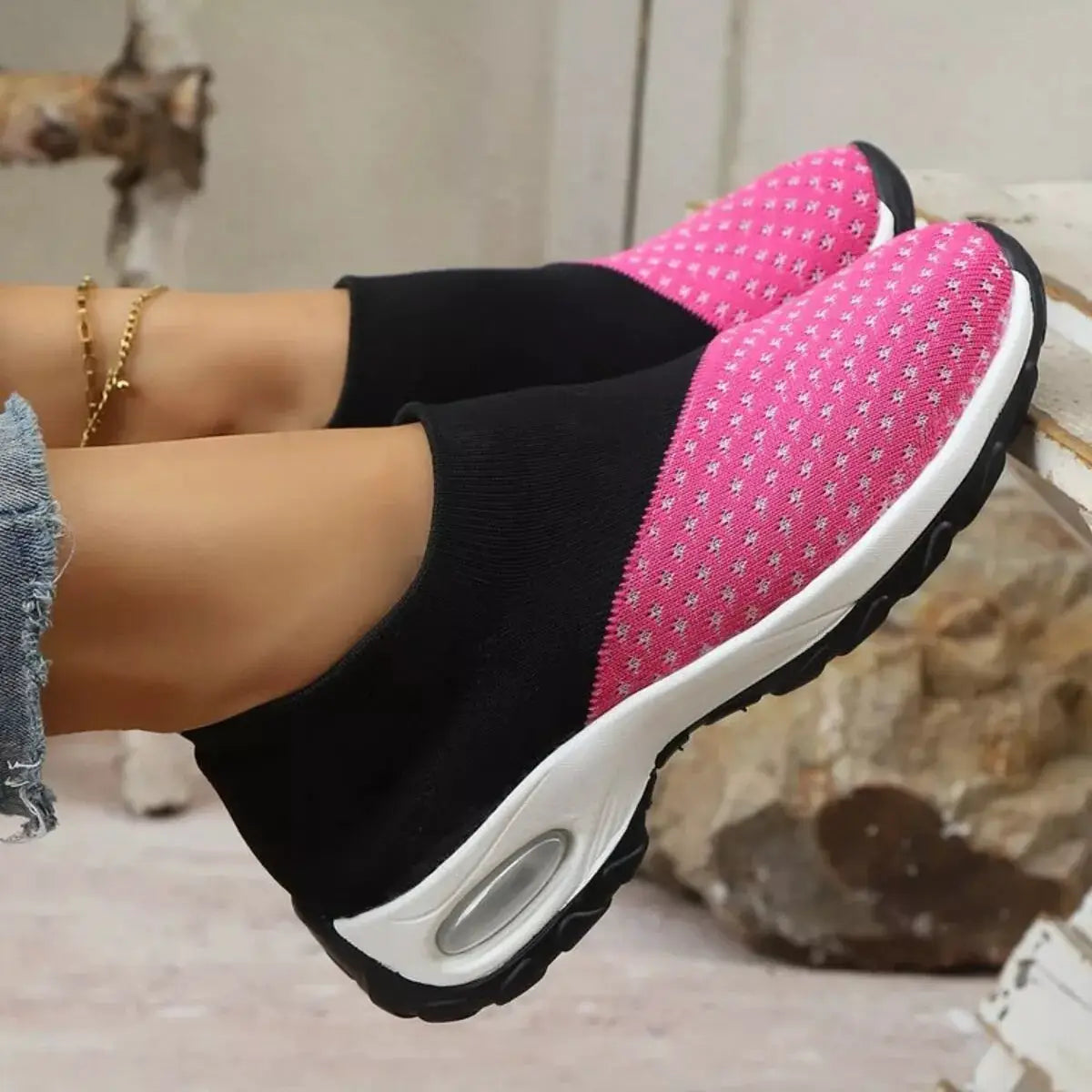 Color Block Mesh Athletic shoes, pink knit upper with black sock-like collar and white sole.