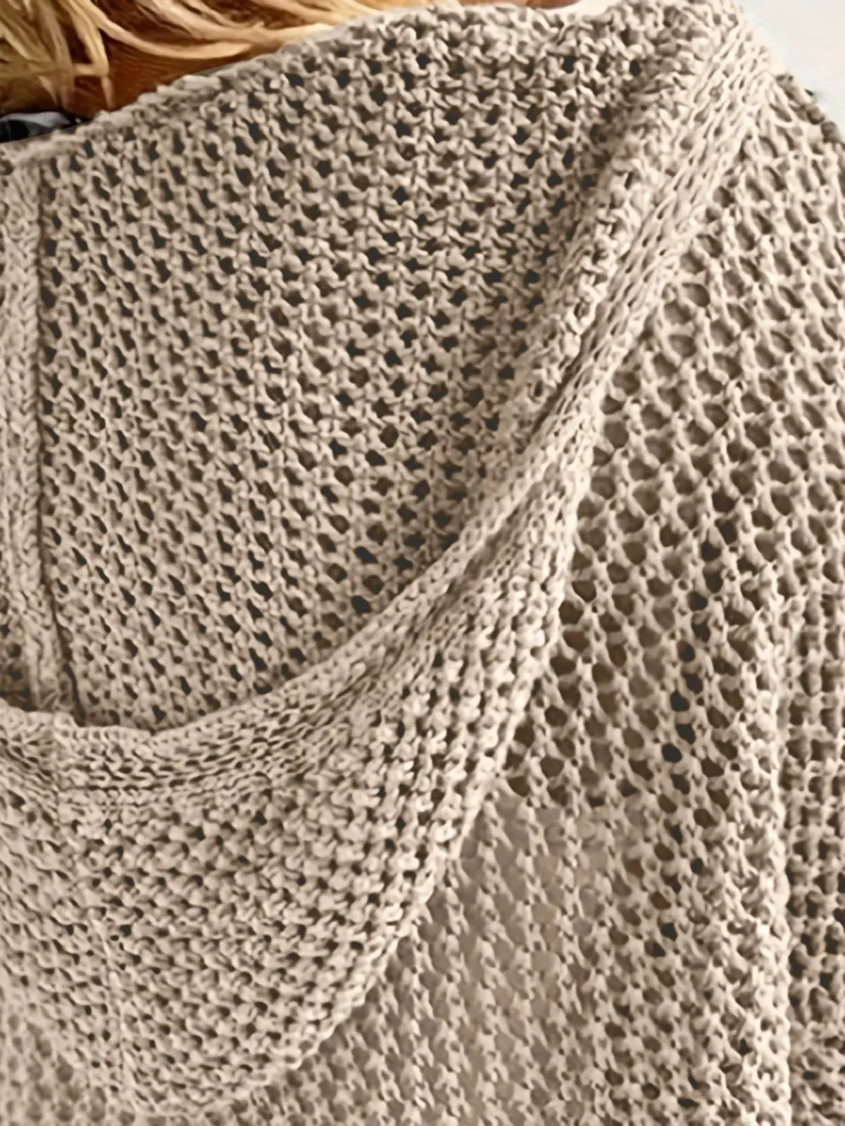 Openwork long sleeve hooded knit beach cover-up in cream beige, featuring a breathable crochet-like texture.
