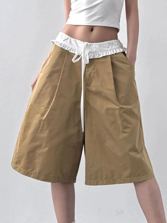 Contrast Waistband Wide-Leg Khaki Shorts with white ruffled waistband and drawstring.