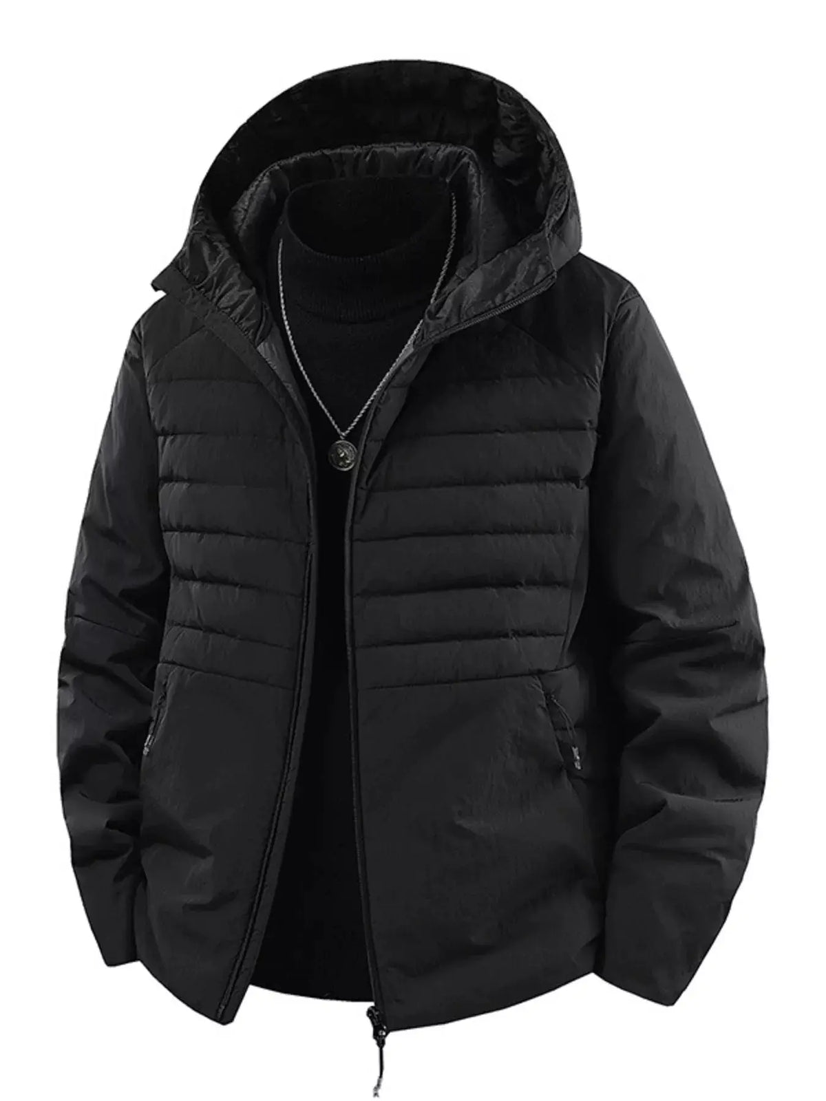 Men's Plus Size Lightweight Hooded Puffer Jacket in black with a quilted exterior and front zipper.
