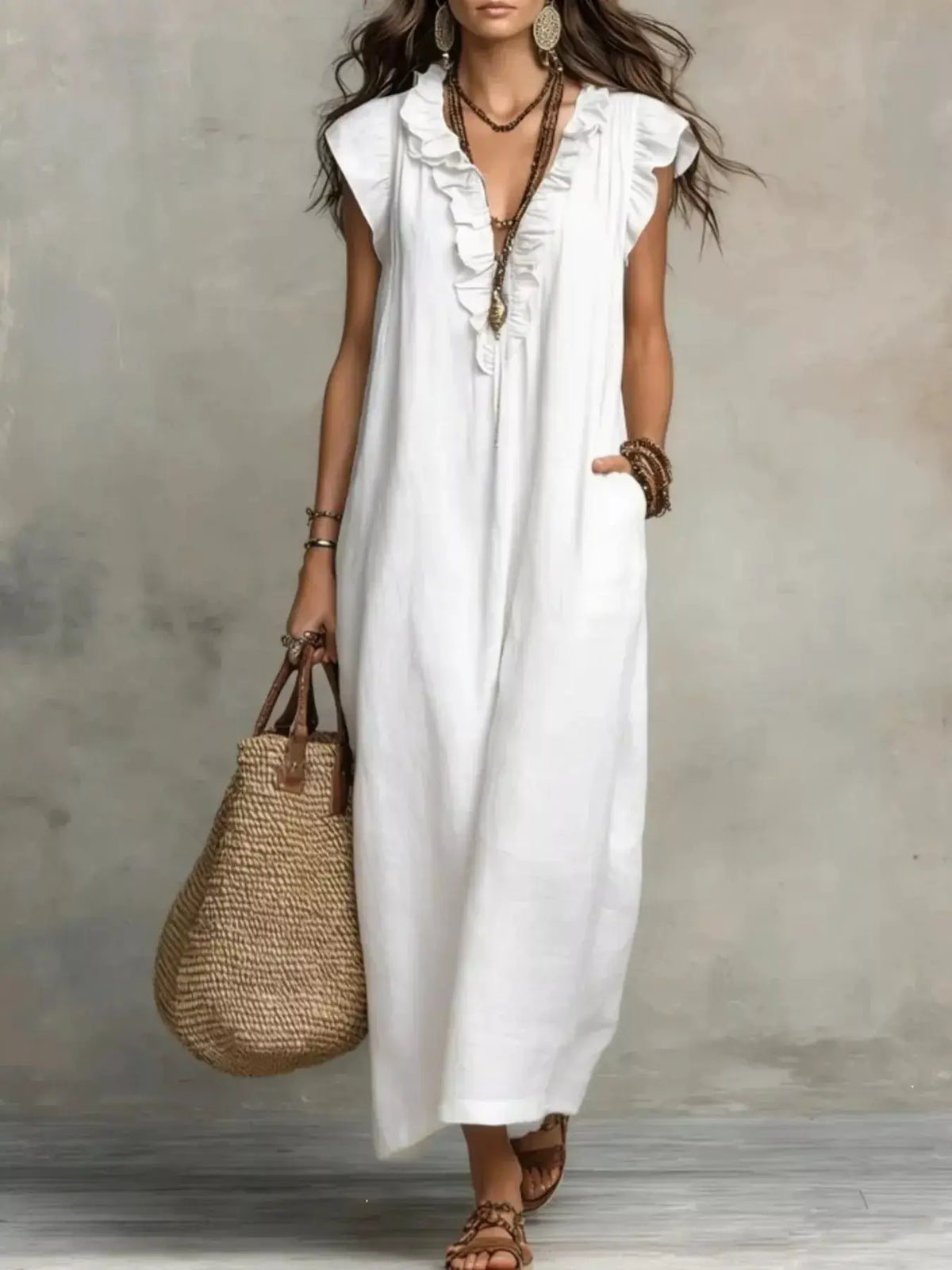 Plus-size white maxi dress with a ruffled V-neck and cap sleeves by Trendsi