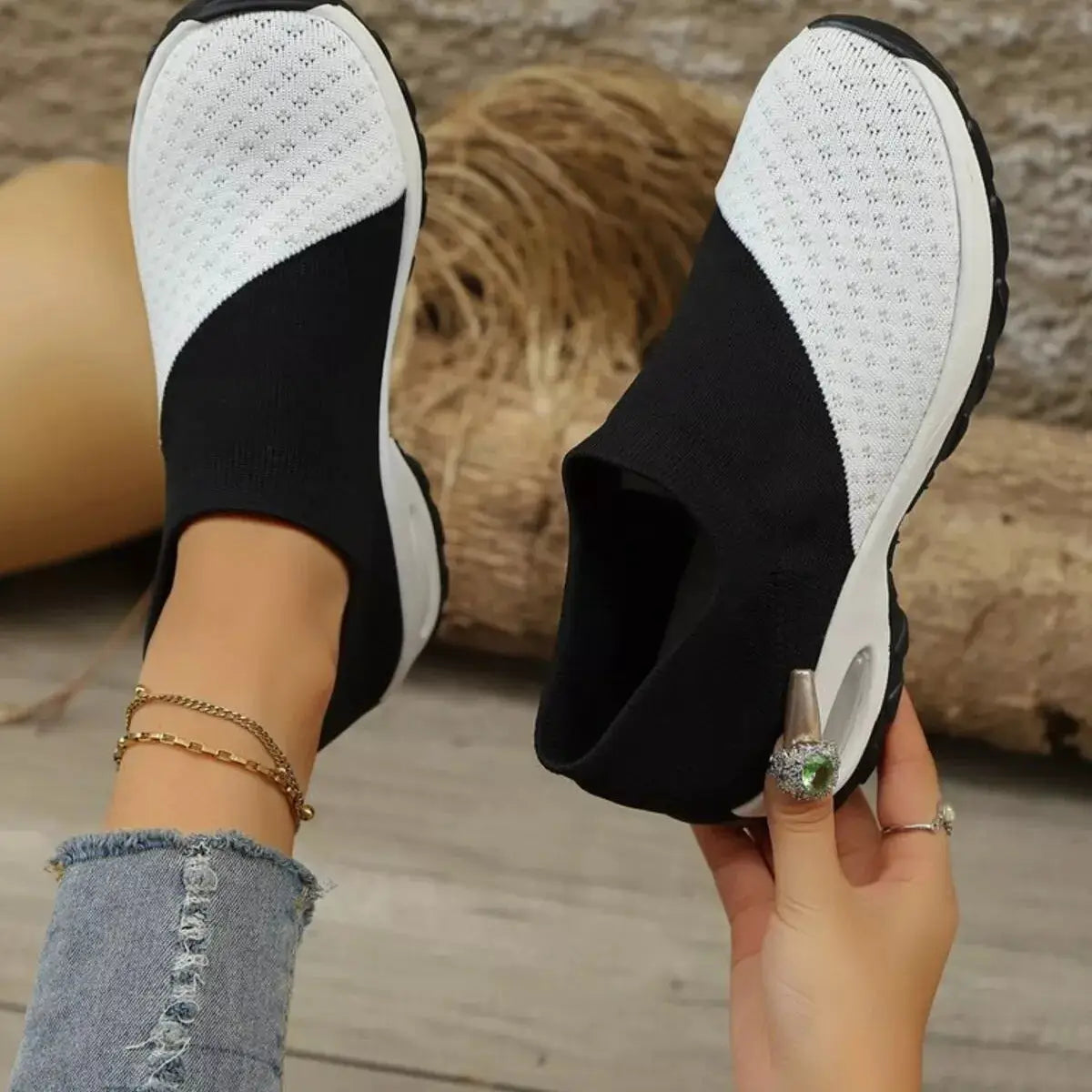 Color Block Mesh Athletic Shoes with white mesh upper, black knit panels, and white sole.