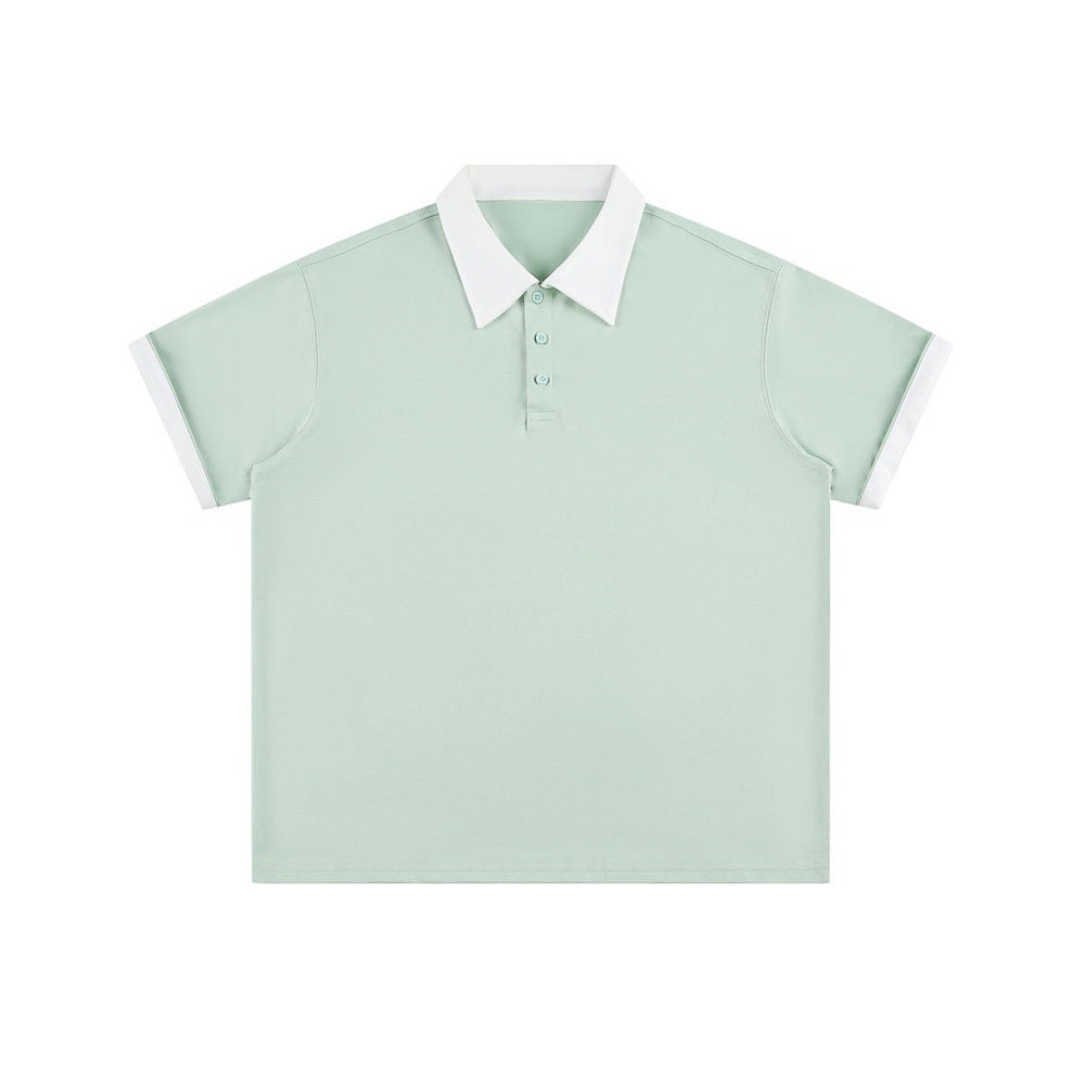 eprolo loose polo shirt, mint green with white collar and cuffs, half-sleeve street style