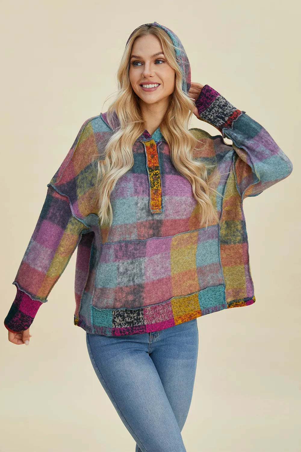 Double Take fleece hoodie, multicolor plaid, dropped-shoulder, plus-size
