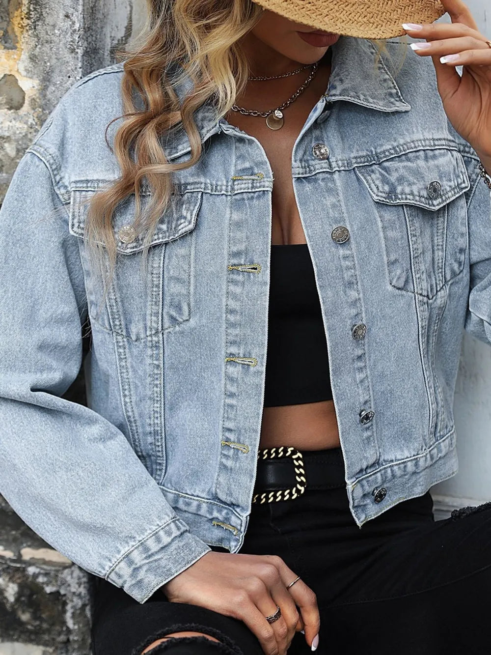 Denim trucker jacket, light-wash blue, oversized fit with chest pockets and button-front