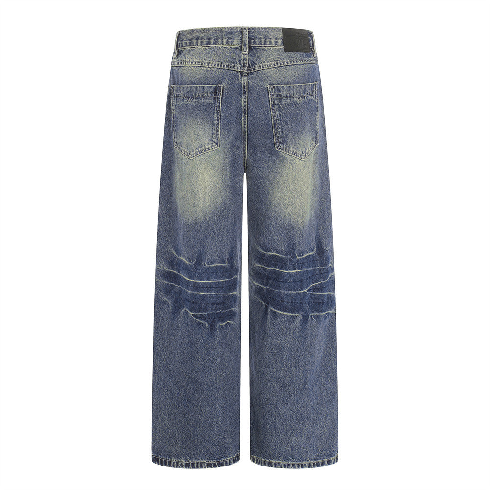 Denim jeans by eprolo, white-washed color-block straight wide-leg with back pockets and knee distress