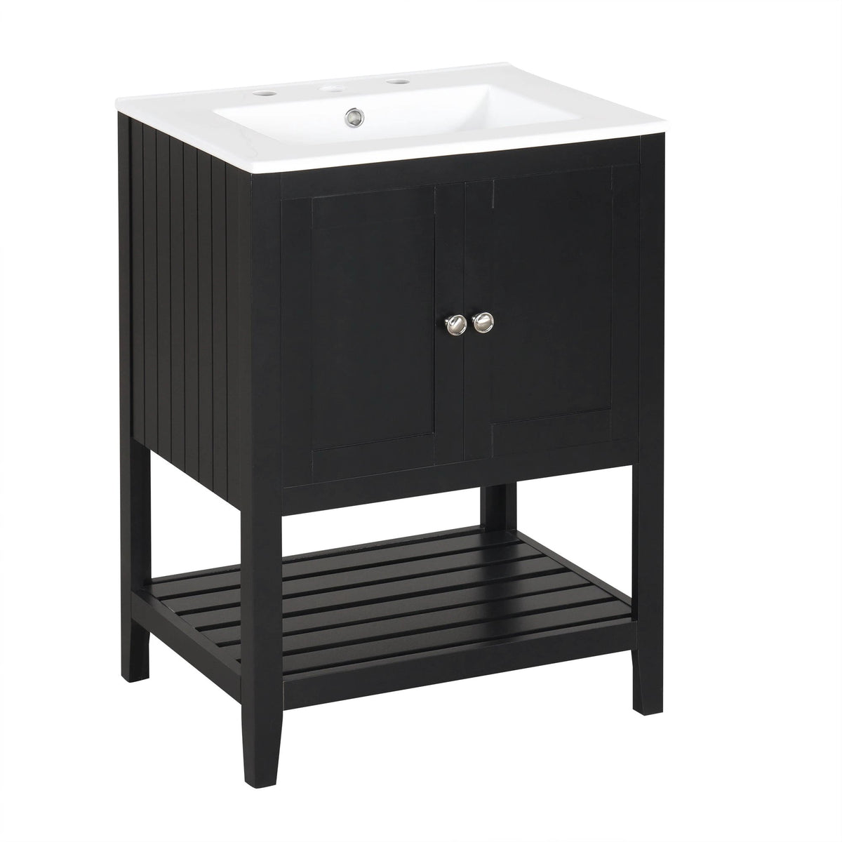 24" Black Modern Sleek Bathroom Vanity Elegant Ceramic Sink with Solid Wood Frame Open Style Shelf by eprolo