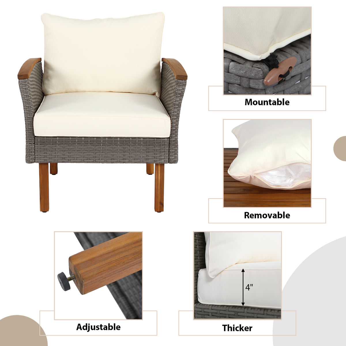 9-piece patio rattan furniture set with beige cushions and Acacia wood legs; chair shown.