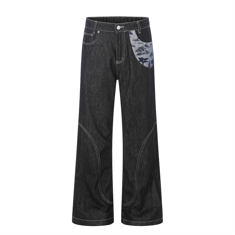 Casual denim micro-flare jeans by eprolo, dark indigo with patterned pocket patch, street fashion