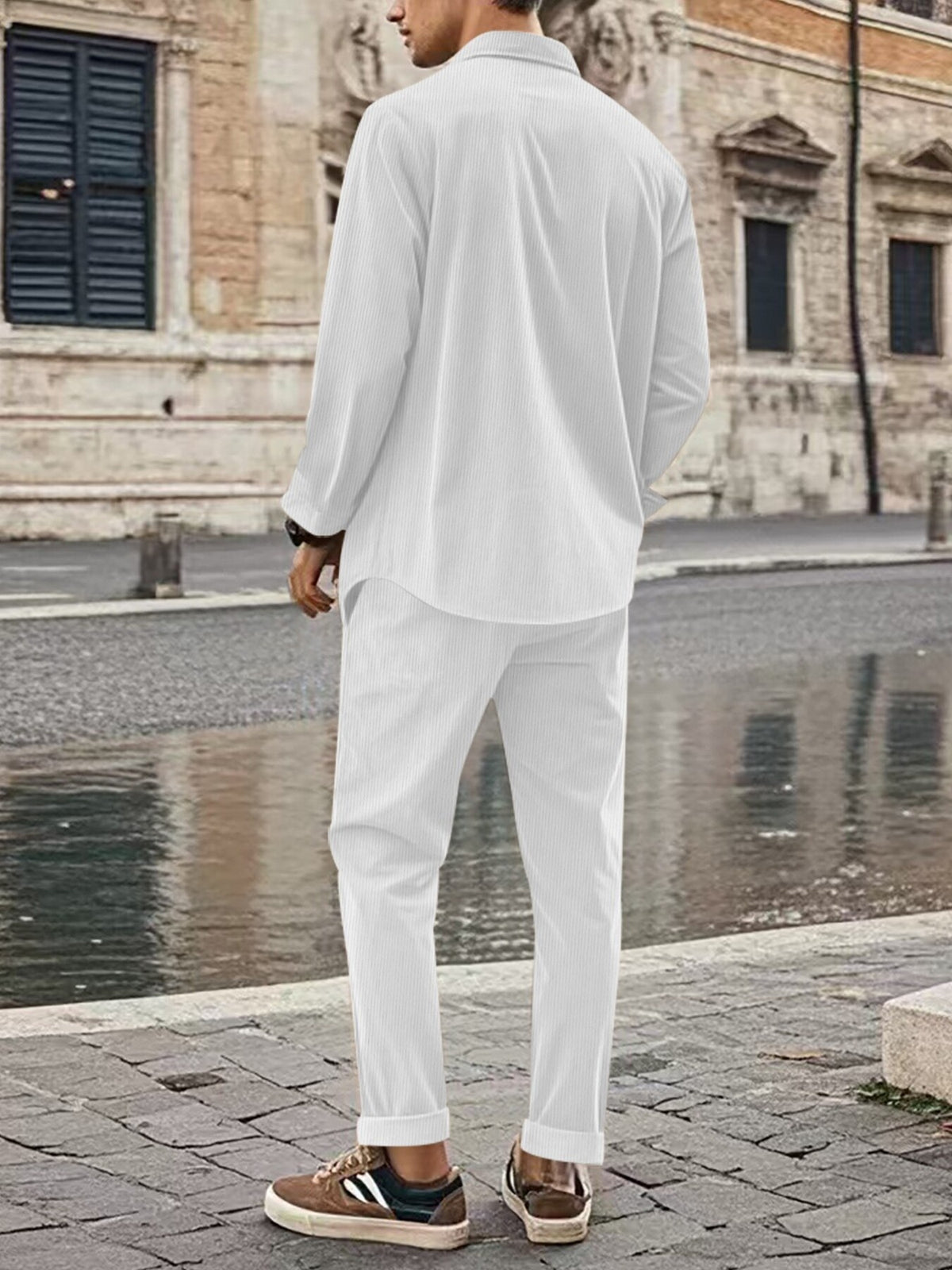 Men's full-size button-up long-sleeve shirt and matching pants set; white, plus size, by Trendsi