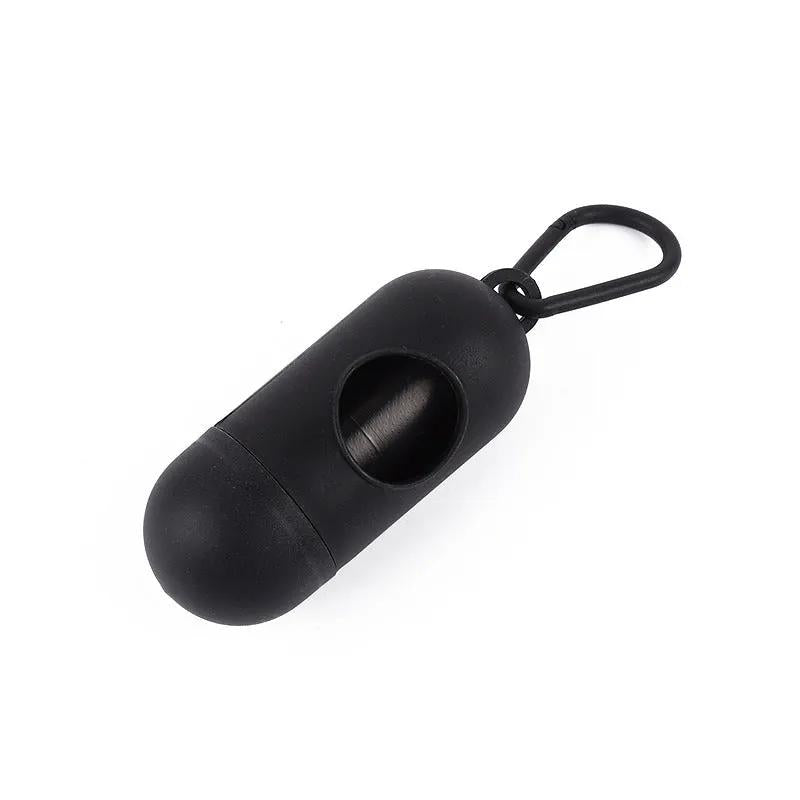 AdTec black plastic dog poop bag dispenser with attached loop carabiner for leash