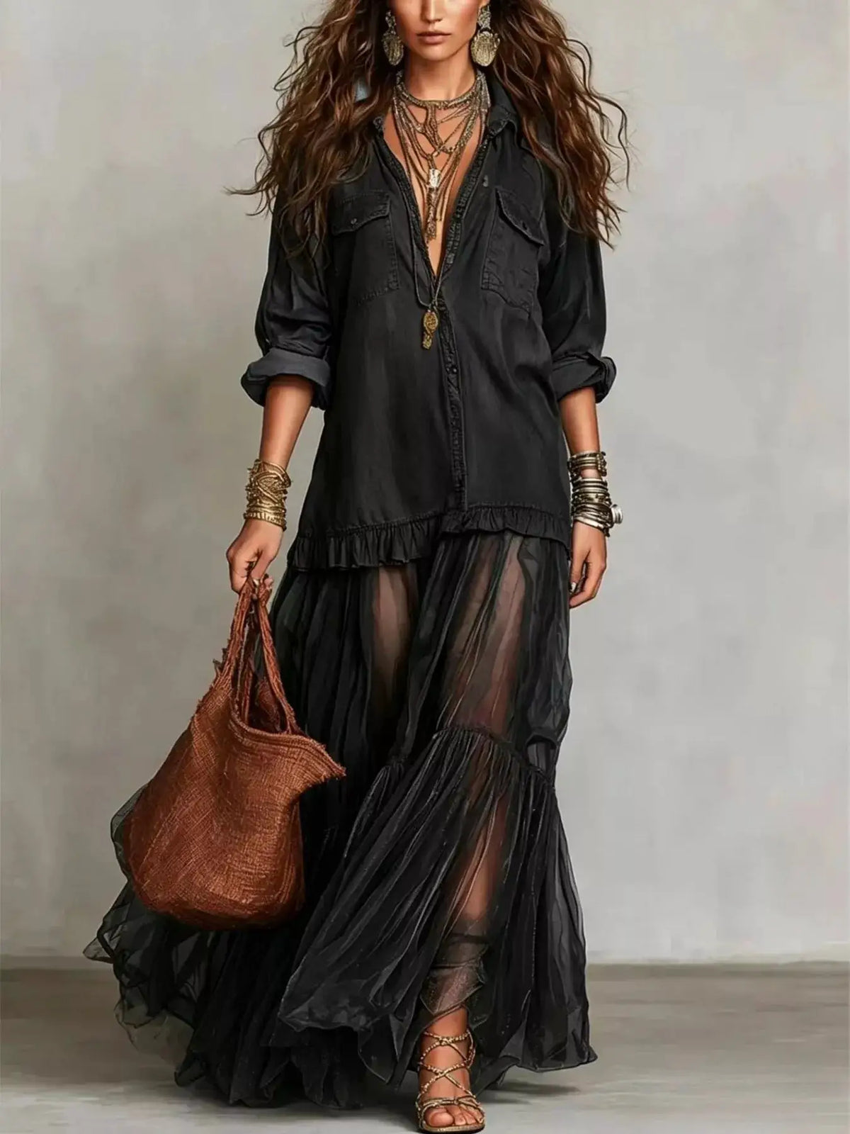 Tiered black denim shirt maxi dress, long sleeves, plus size by Trendsi