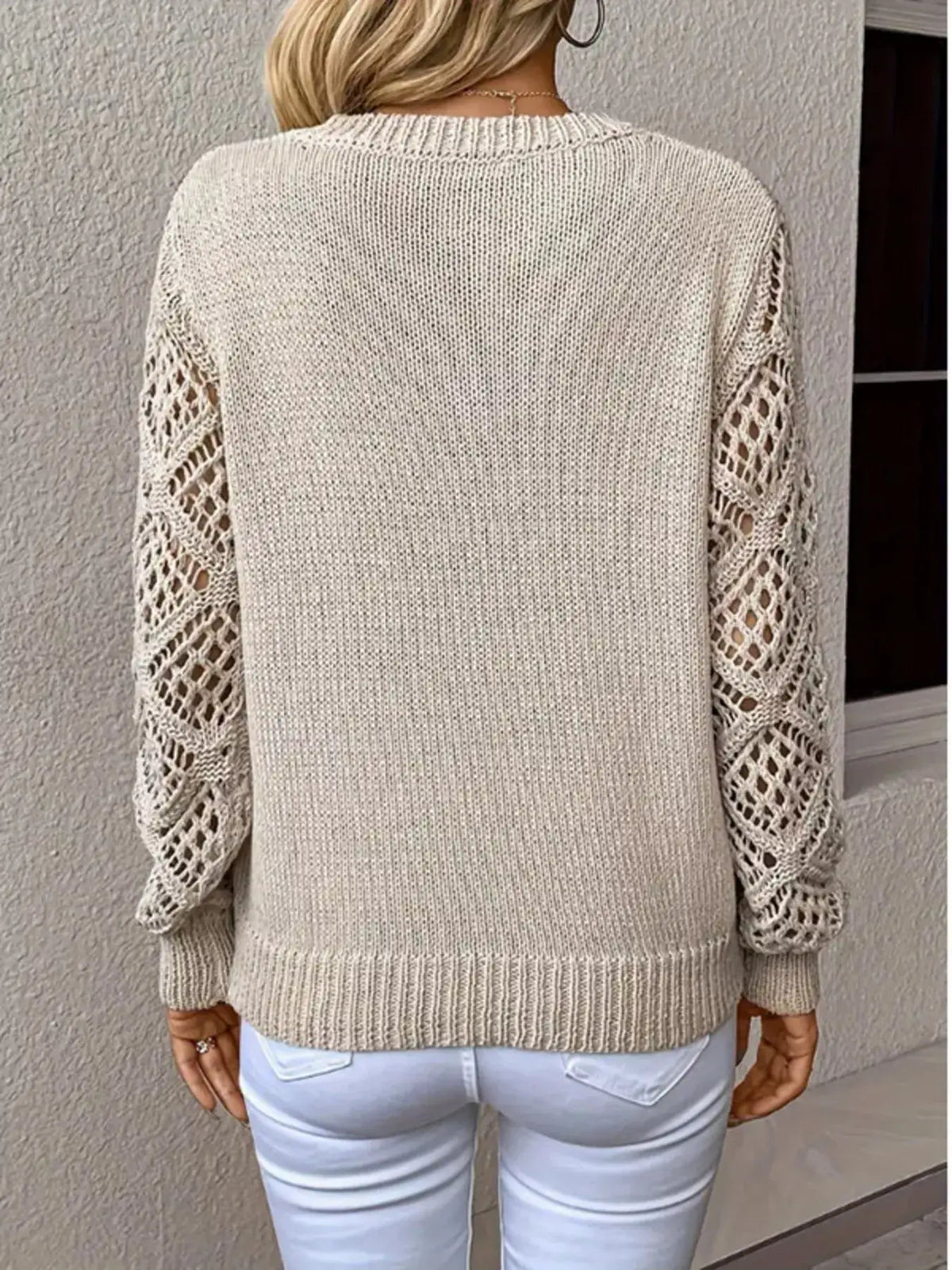 Womens V-neck hollow-out sleeve knit sweater in beige with openwork lace sleeves, soft polyester, Trendsi