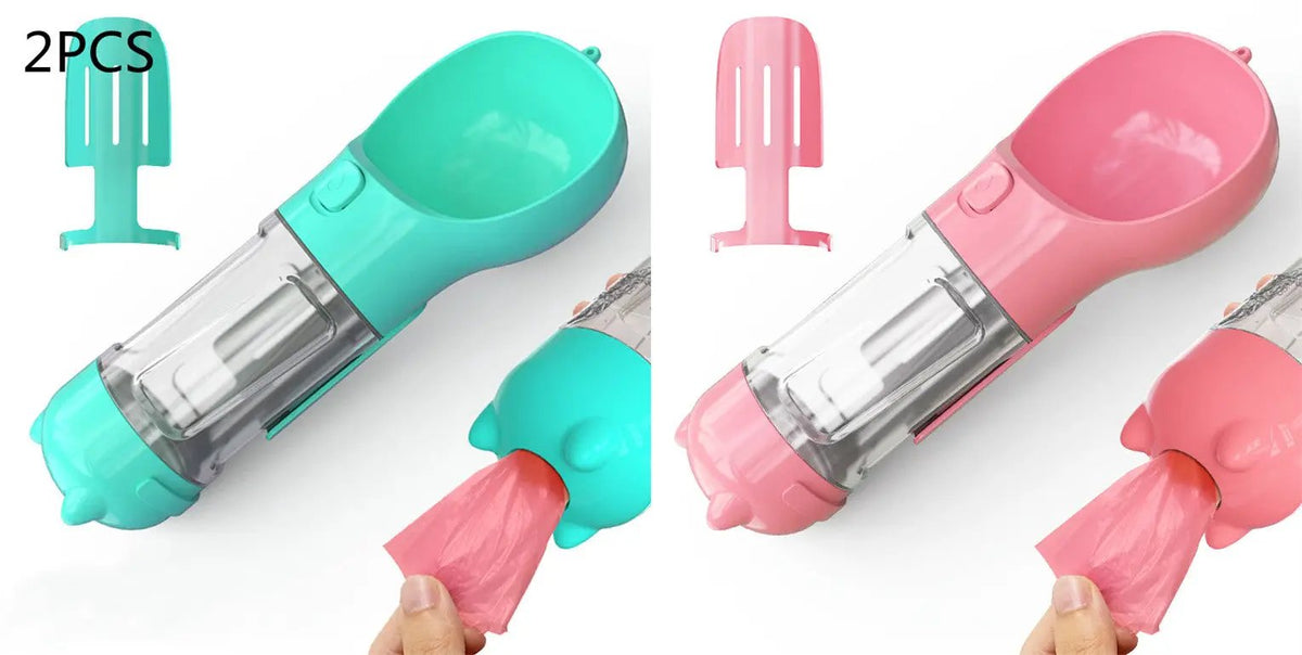 AdTec 2-pack pet water bottle feeder bowl with garbage bag storage, turquoise and pink, dog travel