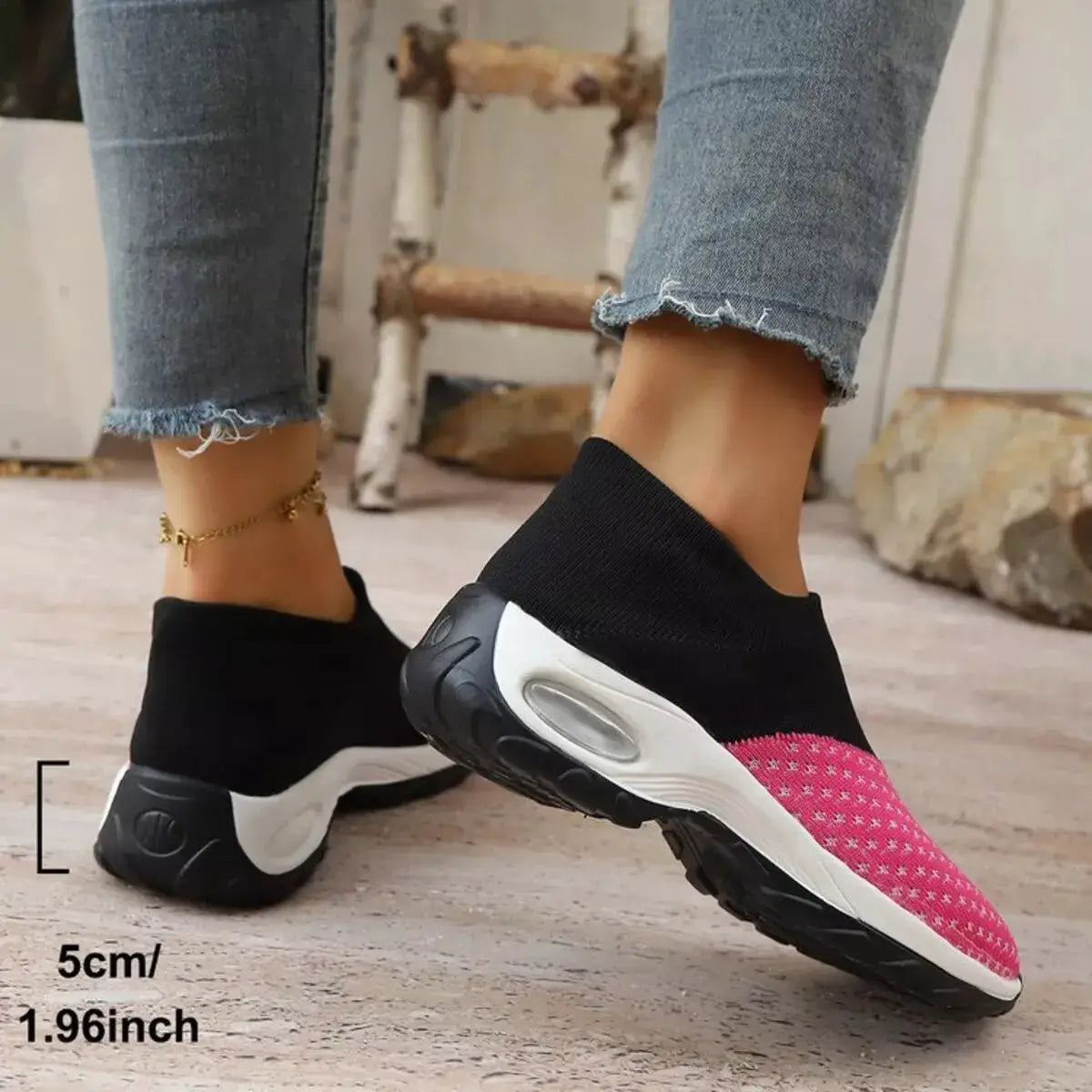 Color Block Mesh Athletic Shoes, pair of black sock-style sneakers with pink mesh toe and white sole