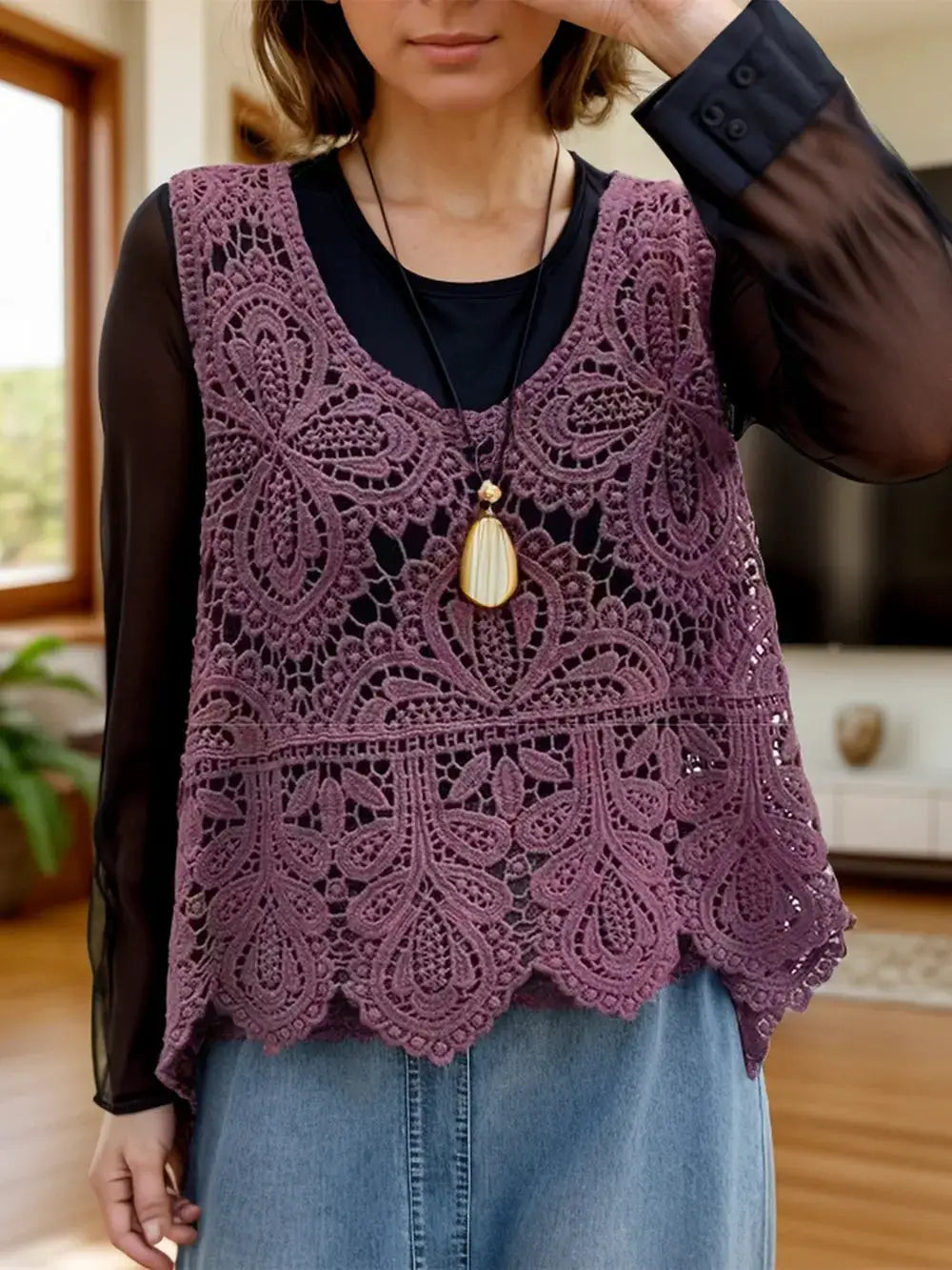 Pure cotton lavender sleeveless lace cover-up with scoop neck and scalloped floral crochet hem worn over black top