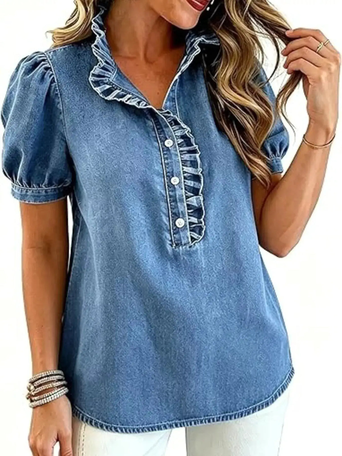 Frill Puff Sleeve Denim Top with Front Button Closure in blue