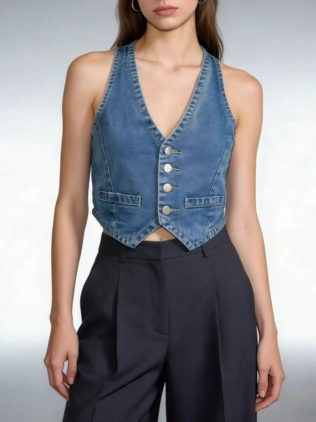 Classic Button Down Denim Vest, blue cropped sleeveless vest with V-neck, front pockets and five metal buttons