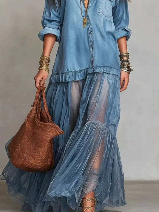 Denim shirt maxi dress by Trendsi; full-size, tiered long-sleeve blue dress with brown handbag.