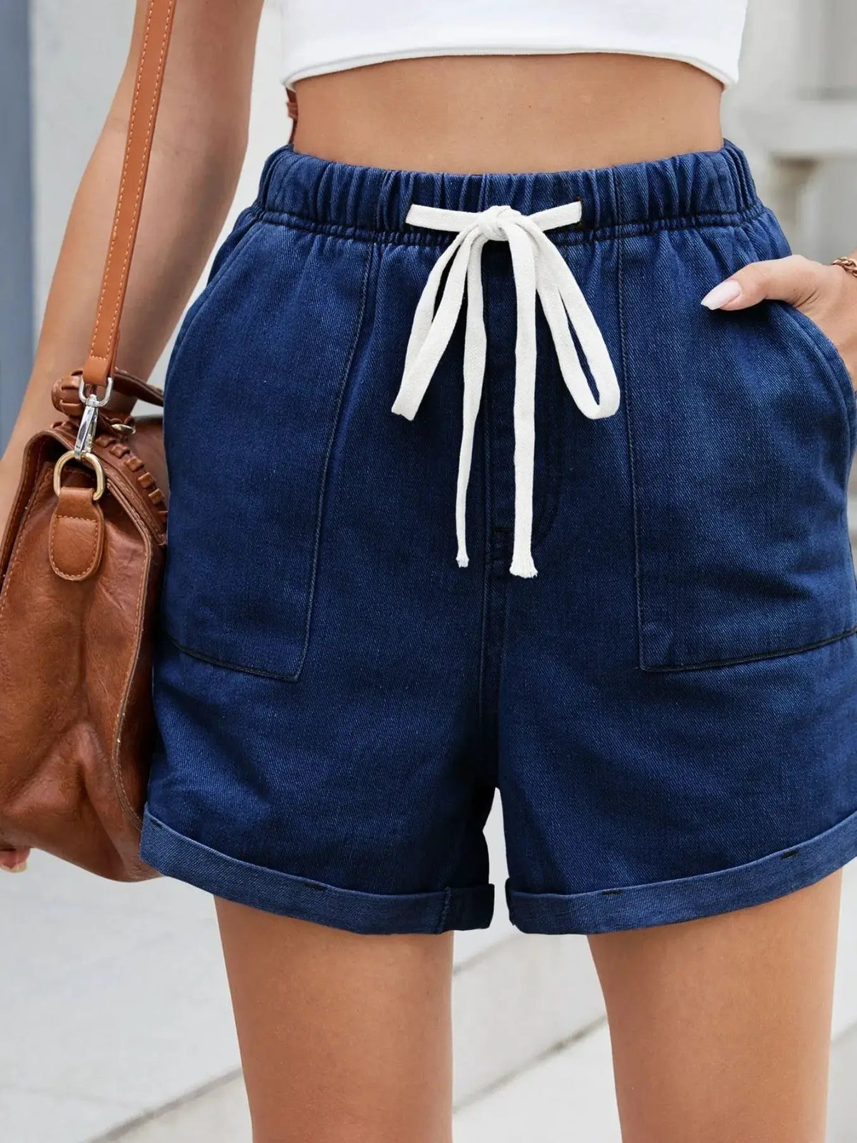 Soft Washed Drawstring Shorts for Women in navy blue rayon fabric by Trendsi