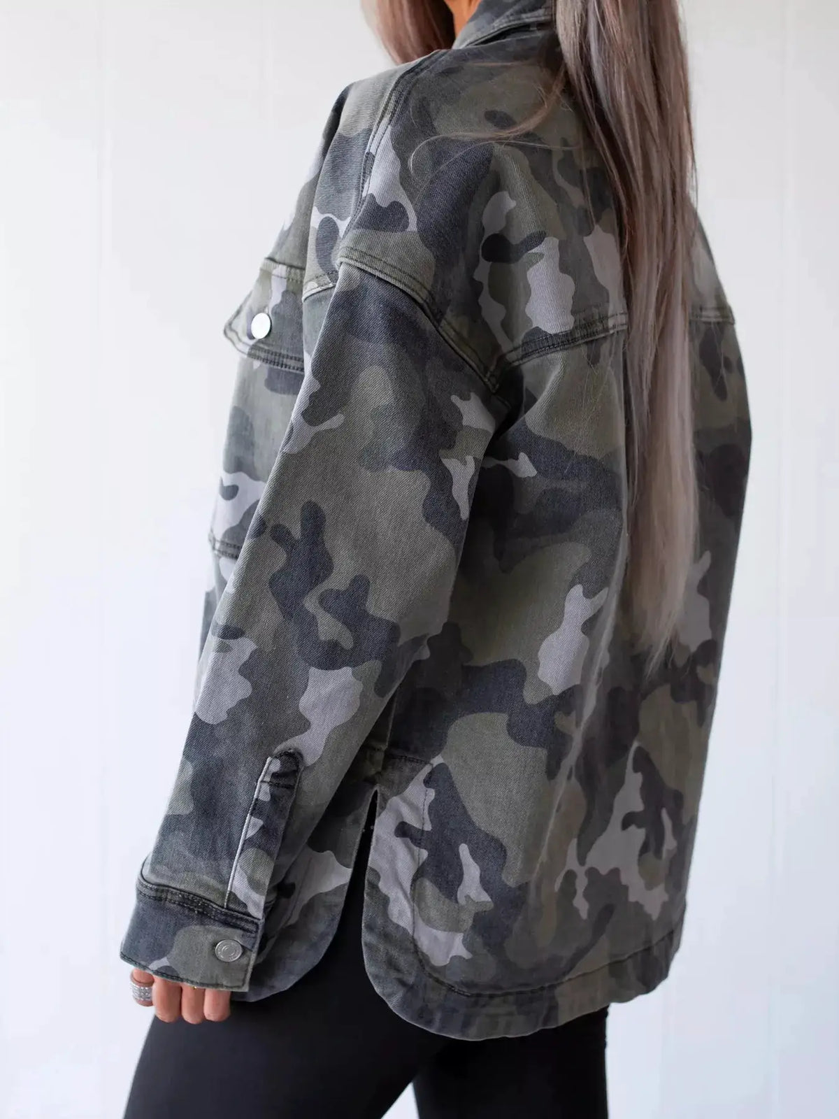 Camouflage denim jacket by Trendsi with button-front closure and utility chest pockets