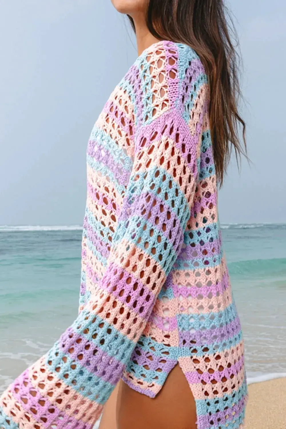 Striped openwork stretchy cover-up by Trendsi, pastel crochet with round neck and side slit