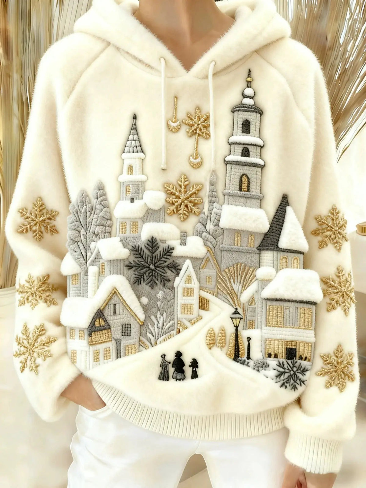 Men's casual sporty hooded sweatshirt in ivory with snow village embroidery by AdTec.