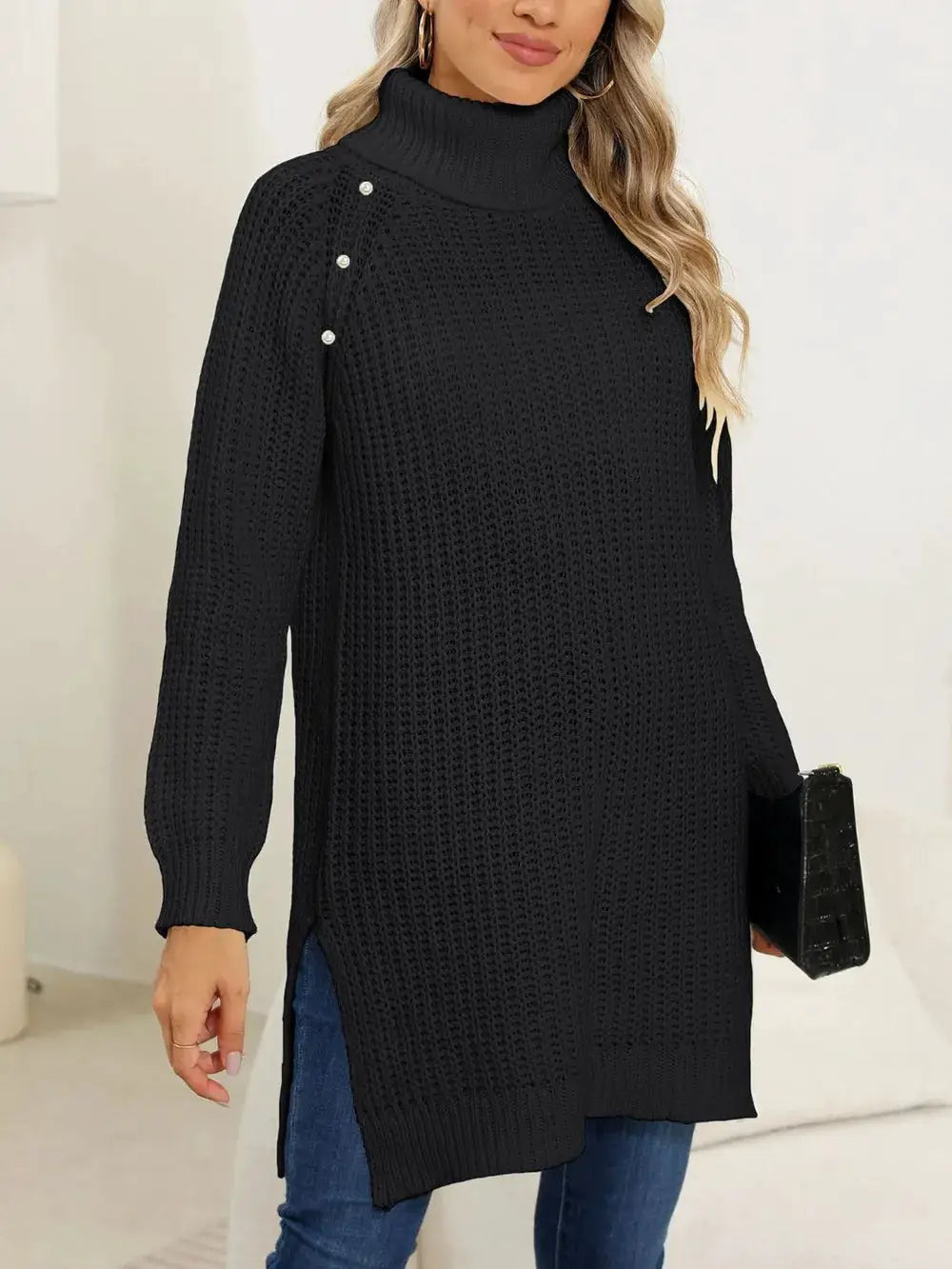 Womens slit-turtleneck stretchy knit pullover sweater in black with long sleeves