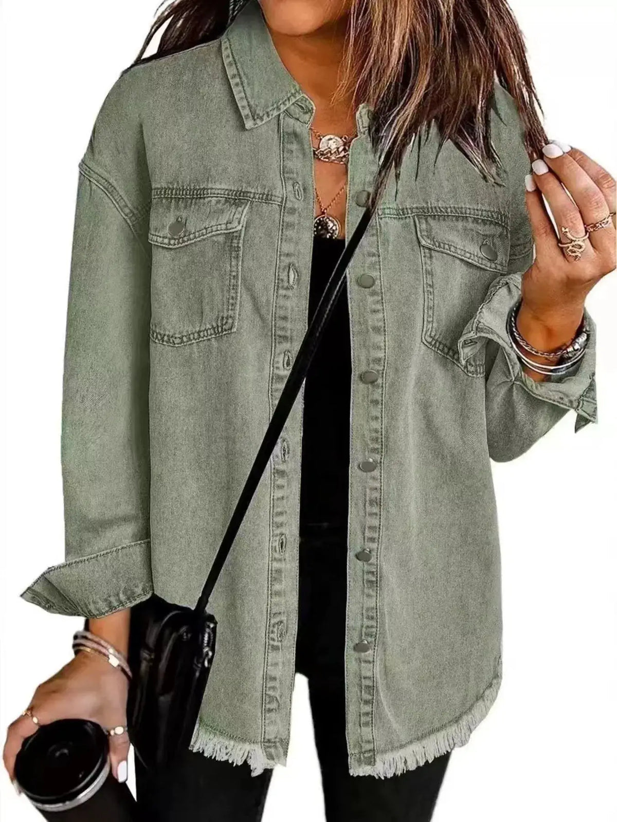 Classic frayed hem button-up denim jacket with side pockets in sage green by Trendsi.