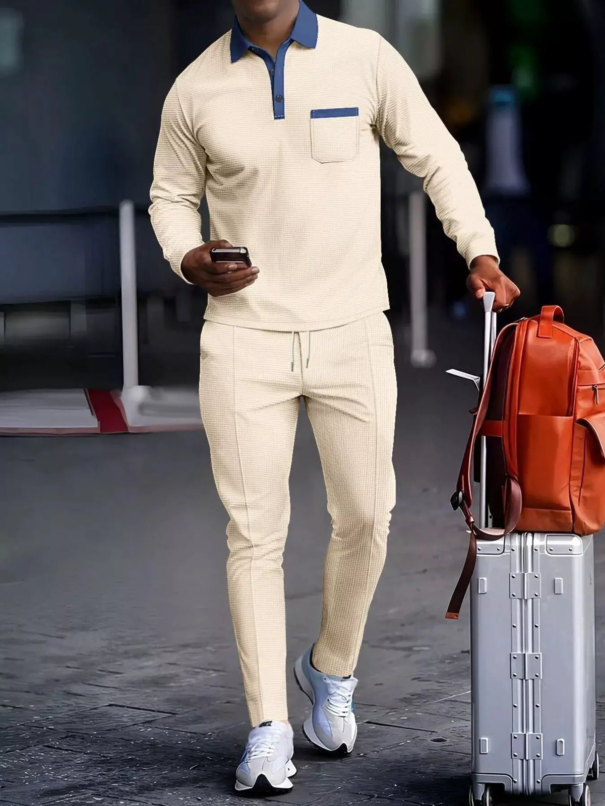 Mens beige two-piece lounge set with blue collar and pocket trim; stretchy top and pants, plus size