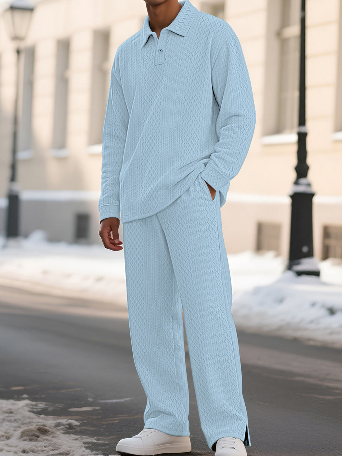 Mens textured long-sleeve polo-style top and matching pants set in light blue with pockets