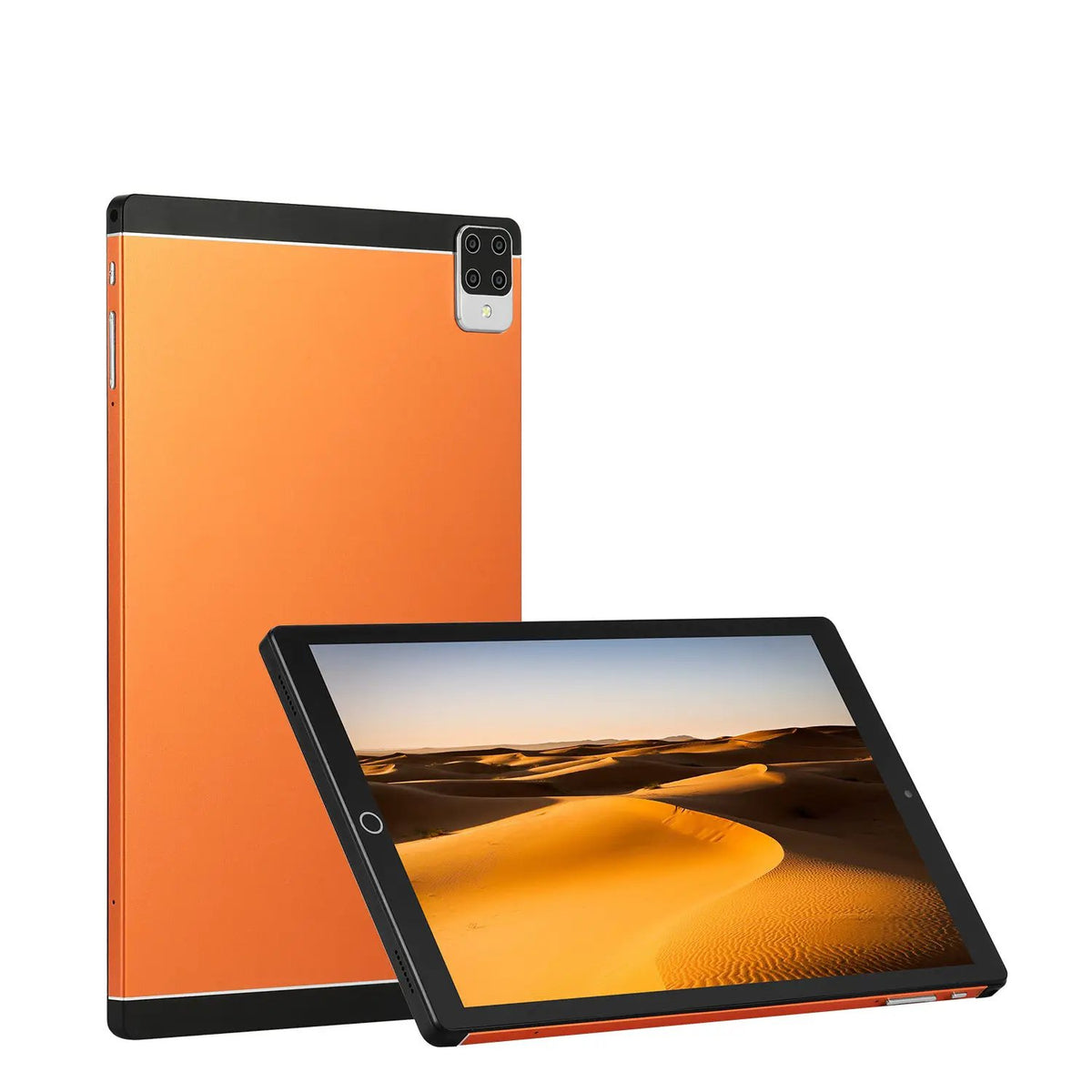 Tablet PC Android 15 orange back with black top, two-view angles show rear quad-camera and desert wallpaper