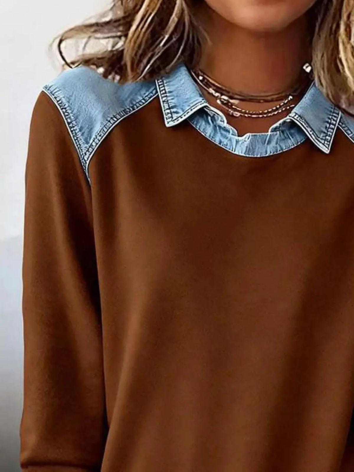 Trendsi Classic Plus Size long-sleeve top with denim trim overlay; brown with light denim collar.